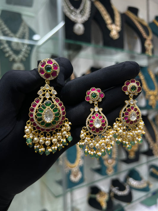 Kundan mossonite pendant earrings