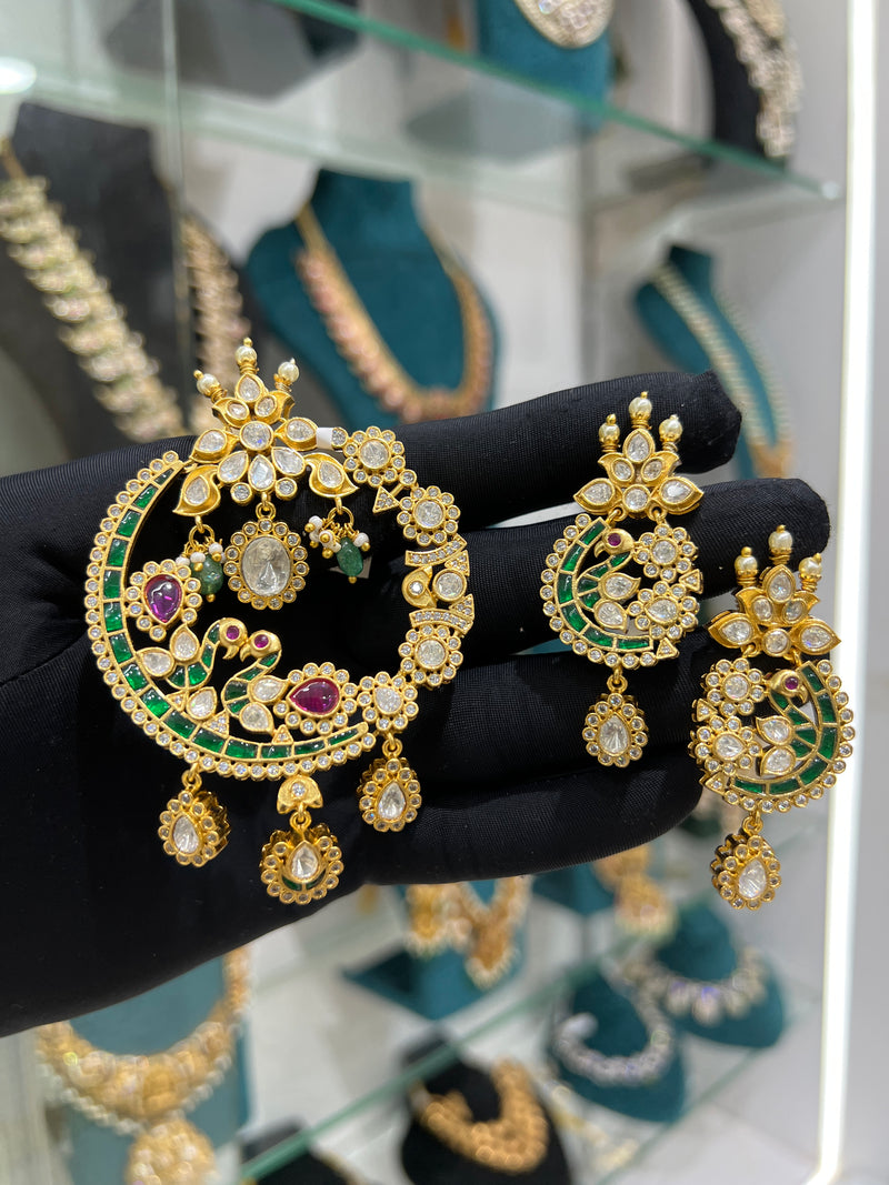 Kundan mossonite locket and earrings